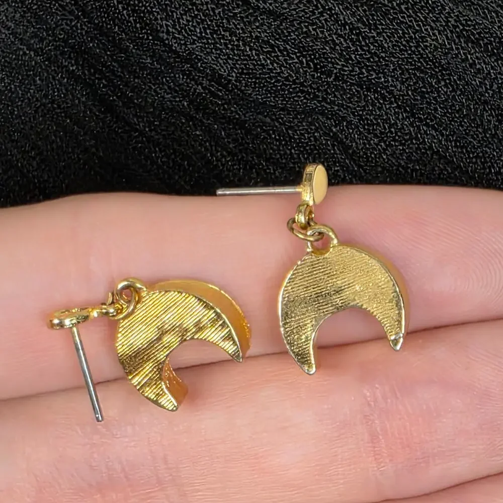 Vintage Cream Enamel Crescent Moon Earrings Gold Tone Celestial Dangle